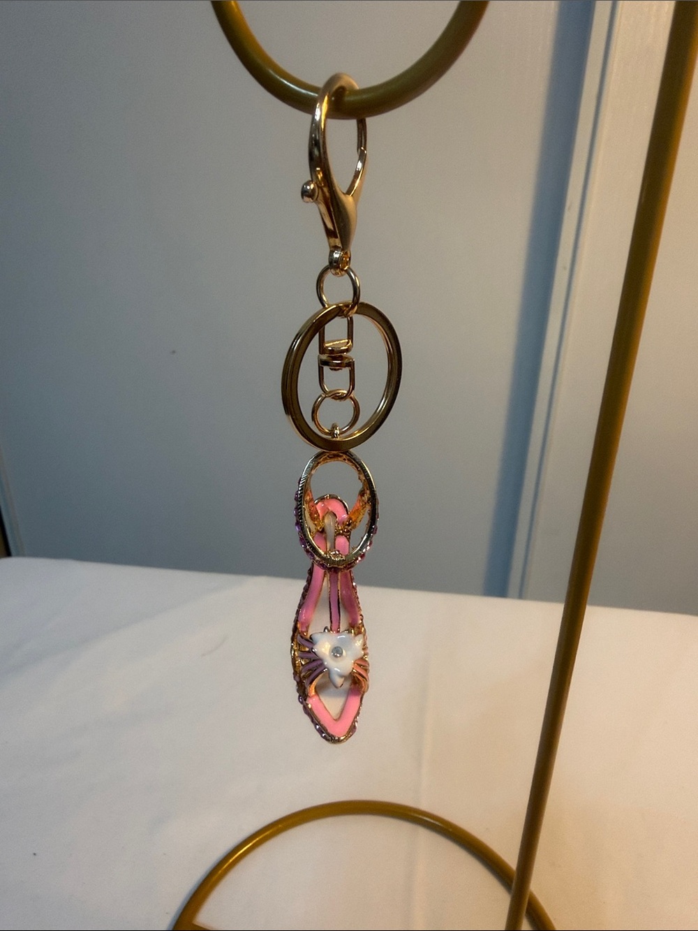 Gold-Tone Pink Enamel Floral Shoe Key & Card Holder Charm